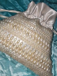 Satin Hand Bag With Beautiful White Pearls