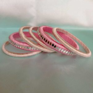 Mirror worked Pink &amp; White silk thread Bangle Set