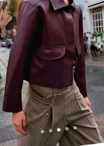 Burgundy Faux Leather Cropped Jacket