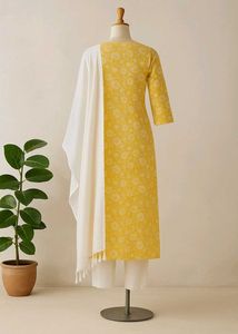 Yellow Printed Kurta with Pure White Dupatta-New