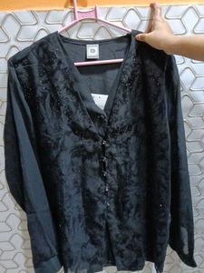 Elegant Black Embellished Button-Down Top