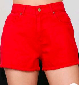 Shein Frayed Hem Mini Red Denim Shorts With Pocket