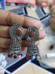 Silver Peacock Jhumka Earrings