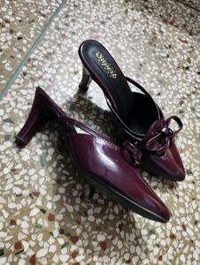 Burgundy Bow Heeled Mules