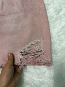 H&amp;M Pink Denim Distressed Skirt