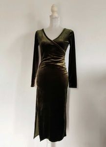 Olive Green Velvet Midi Dress