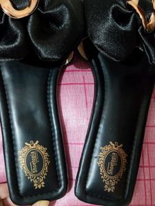 Shoetopia Black Satin Bow Slides