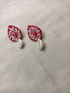Red Paisley Earrings with Seashell Charm