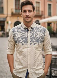 Beige Polka Dot / Cobalt Abstract Panel Shirt