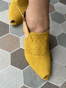 Yellow Suede Peep-Toe Heels