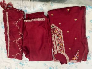 Maroon Embroidered Kurti Set