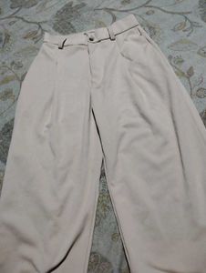 Beige Wide Leg Trousers High Waist