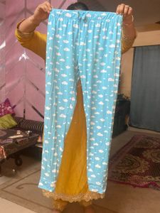 Cute Sky Blue Bow Embedded Happy Night Suit/lounge
