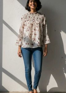 Romantic Floral Smocked High-Neck Top