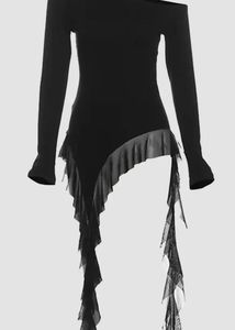 Long Sleeve One Shoulder Plain Asymmetrical Ruffl