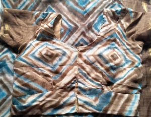Brown &amp; Teal Geometric Print Saree
