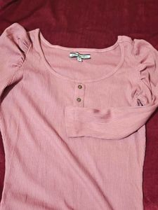 Cute Pink Ribbed Puff Sleeve Top