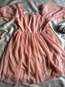 Pink Chiffon Mini Dress with Puff Sleeves