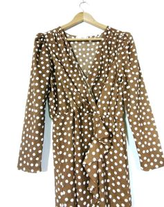 MNG women dark brown and white dot dress