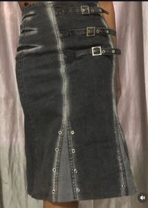Distressed Denim Skirt with Buckles