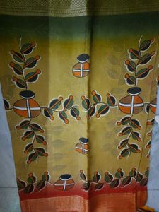 Beautiful Hand Painted Yellow &amp; Olive Green Sari