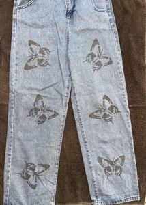 Beautiful Butterfly Print Wide Jeans