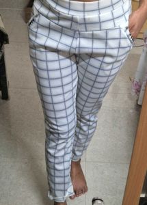 White Grid Slim-Fit Trousers with Side Pocket