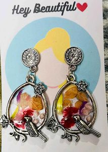 Silver Jhumka Earrings with Real Flower Inlay