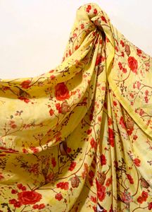 Yellow Floral Bird Print Satin Saree