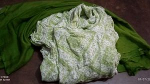 Green Printed Gown Dress & Scarf Set Xl Size