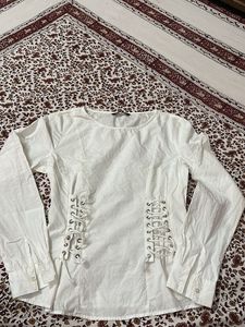 White Lace-Up Detail Long Sleeve Top