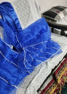 Organza Royal Blue Frock With Pajama And Dupatta