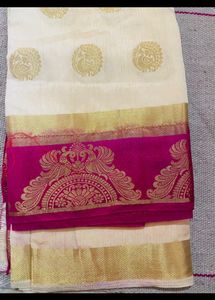 Pink Creamy Contrast Saree With Blouse