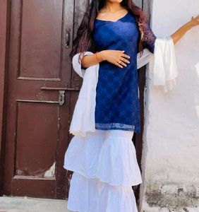 Sharara Set Pure Cotton Dark Blue With White
