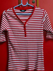 White T-shirt With Red Strips.