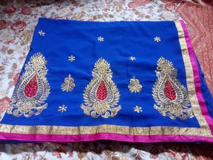 Blue Designed Georgette Silk Saree With Blouse Piece.