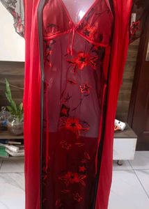 Red Floral slip night dress with satin rob