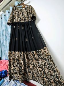 Ethnic Black Georgette With Gold Thread Work Gown