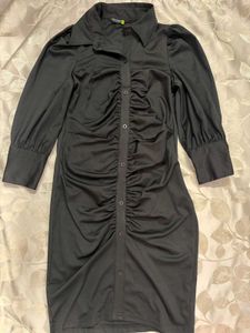 Elegant Black Ruched Shirt Dress
