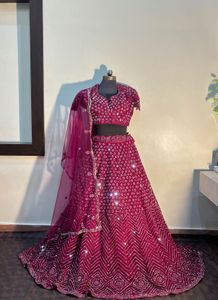 💖 Pink &amp; Burgundy Full Mirror Work Lehenga – For