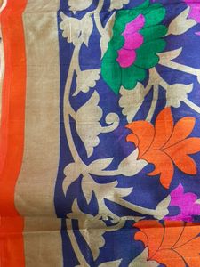 Bright Orange And Navy Blue Combination Almost NEW Art Silk Saree.