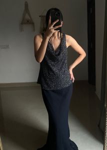 JKARA NAVY BLUE BEADED EVENING GOWN