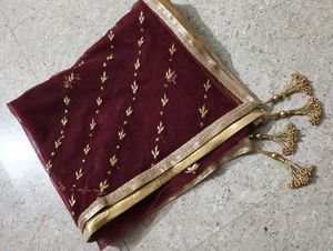 Bridal Maroon Net Dupatta with Gold Embellishments