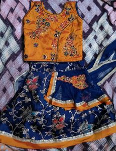 Kids Lehenga Bright Orange With Blue