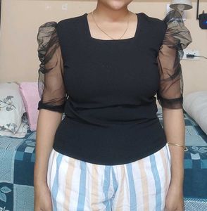 Solid Black Top with Puffed Net Sleeves