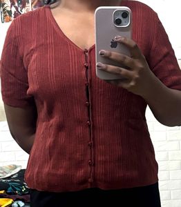 Rust Ribbed Button-Down Cardigan Style Top