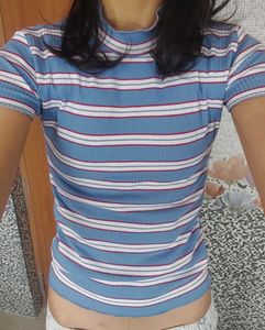 ribbed mock neck striped top