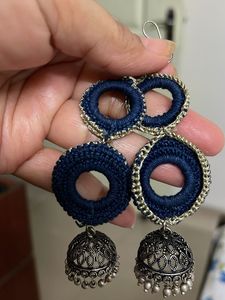 Handmade Navy Crochet Jhumka Earrings