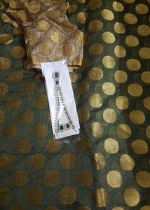 Olive Green Brocade Benarasi Saree With Blouse