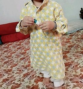 New Yellow Chikankari Punjabi/kurta For Baby, Kids With Collar And White Pants